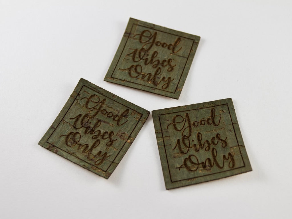 Good Vibes Only Mini Tags on Cork