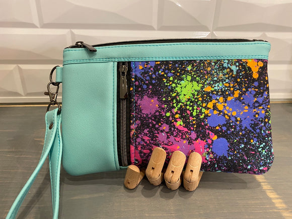 Neon Paint Splatter 2 Pocket Wristlet