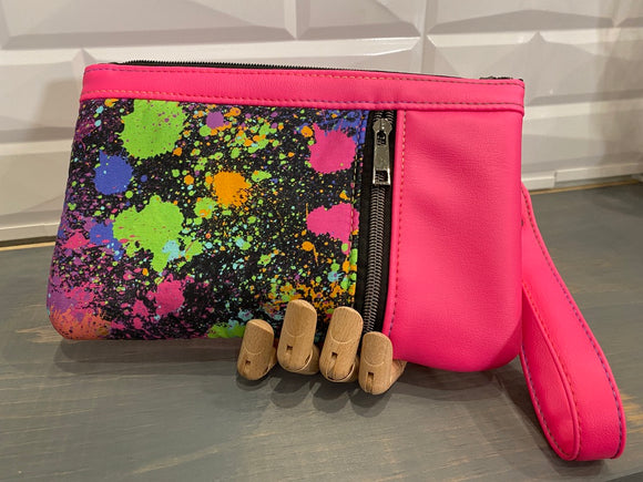 Neon Paint Splatter 2 Pocket Wristlet